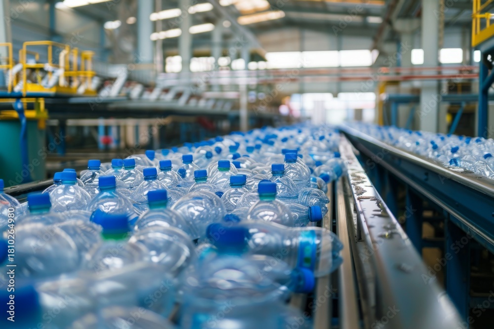 Fototapeta premium Bottles on a conveyor belt in a recycling facility