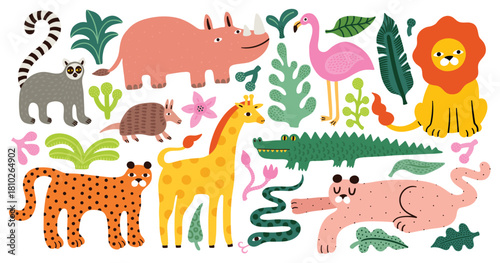 Set of cute african jungle animals and tropical leaves. Lemur, battleship, lion, rhinoceros, rhino, giraffe, flamingo, crocodile and snake. Vector illustration in flat style. Jungle flora and fauna.