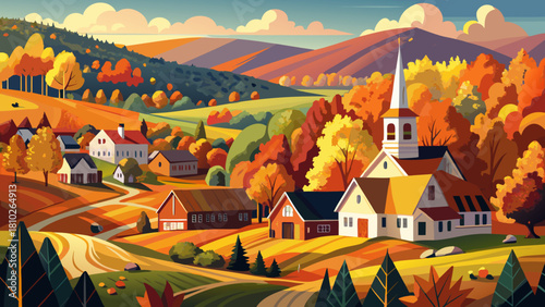 Very beautiful autumn view of the charming village of Waits River in Vermont, surrounded by vibrant fall foliage, rolling hills, and classic rural homes glowing in warm seasonal light.