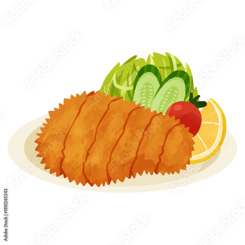 とんかつと付け合わせ野菜　水彩風手描きベクターイラスト