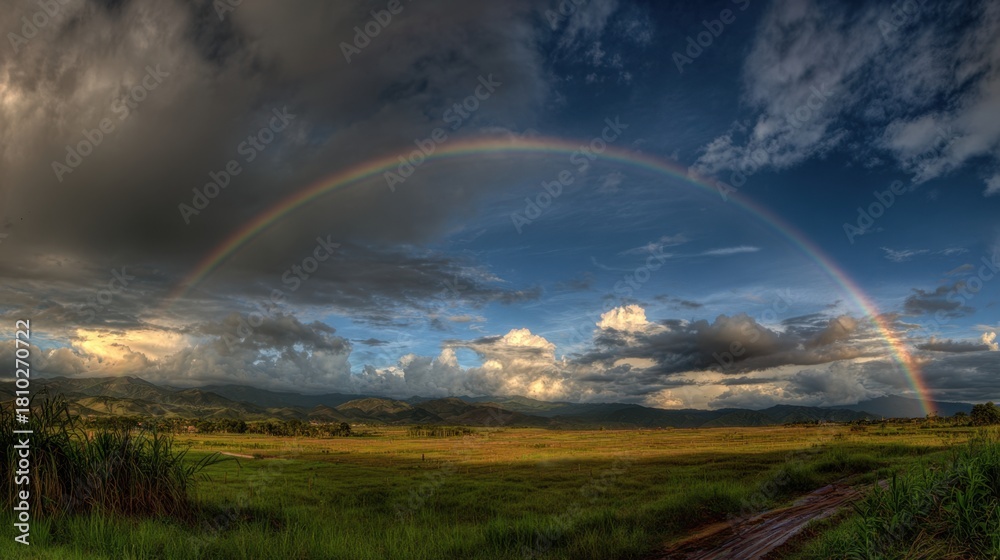 Fototapeta premium Colors blend in the sky as a bright rainbow appears above serene fields at sunset.