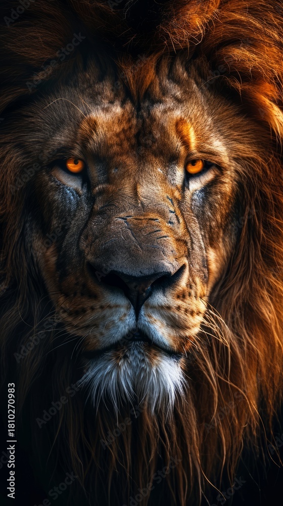 Fototapeta premium Intense close-up of a majestic male lion's face with glowing orange eyes. Vertical portrait of a powerful king of the jungle symbolizing strength, courage, and leadership