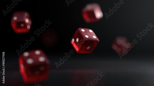 Set of premium casino dice on black background, 3D render, falling and rolling