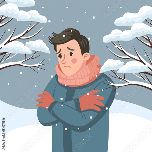 Man shivering in a cold winter snowy landscape. Man feels the cold. Man is freezing from the cold. 