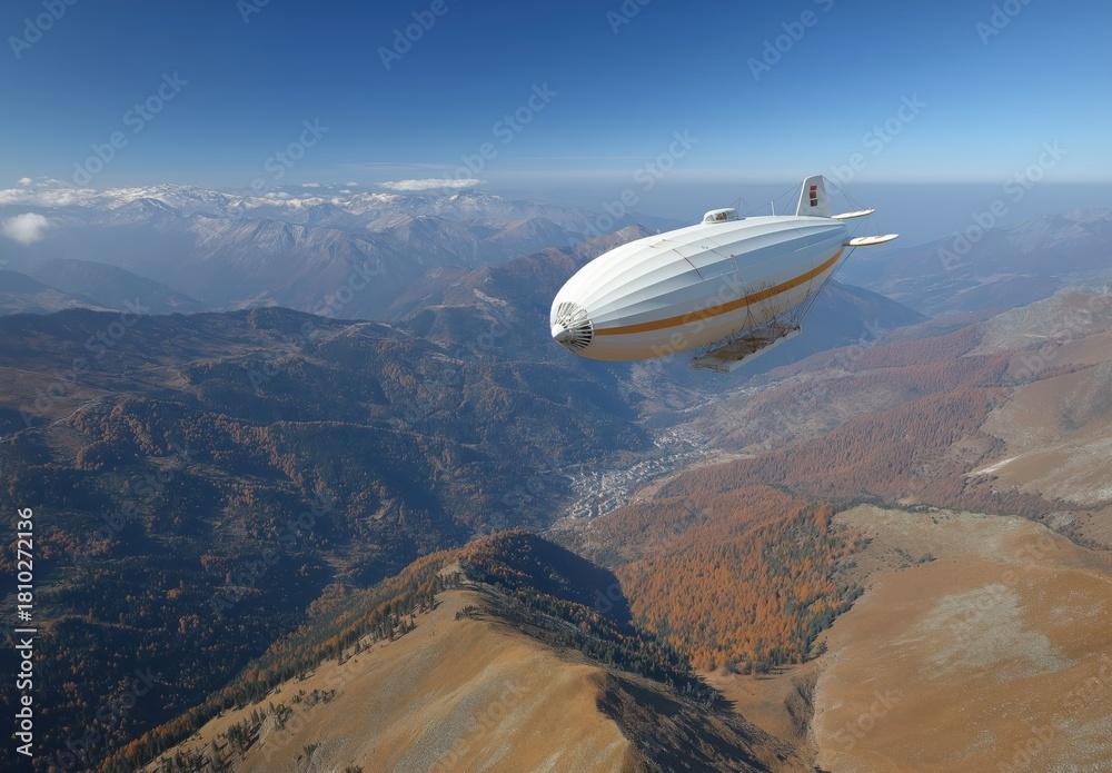 Fototapeta premium An airship glides over scenic mountains at dawn, showcasing autumn's vibrant colors and natural beauty