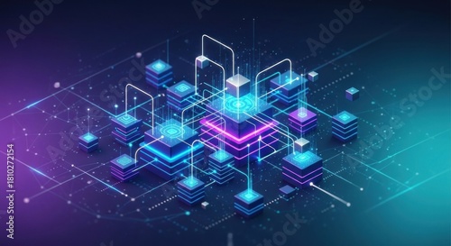 Isometric network of interconnected blocks, glowing in blue and purple hues