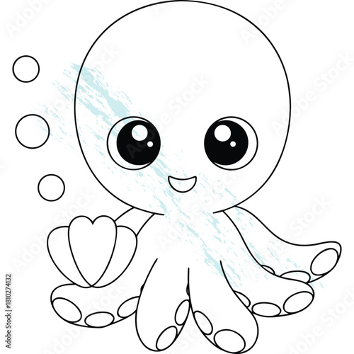 Adorable Octopus Holding Shell Coloring Page for Children's Activity or Art