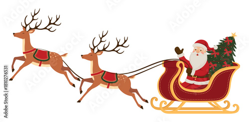 Santa Claus riding a sleigh with Christmas tree pulled by reindeer. Flat vector illustration isolated on a white background.