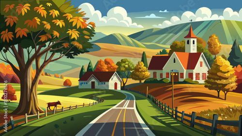 Very beautiful tree-lined country road leading into the peaceful rural community of Ryegate Corner in Vermont, surrounded by rolling hills, vibrant greenery, and a calm small-town atmosphere.