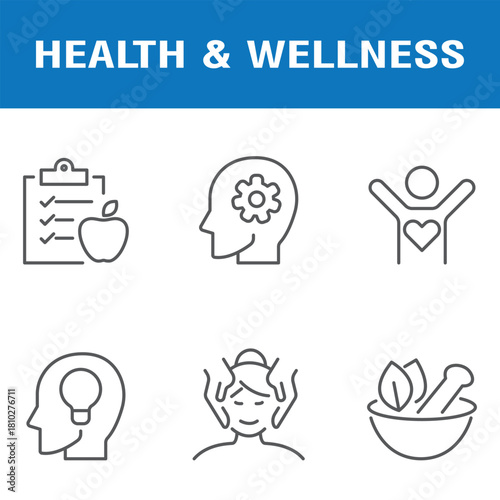 Wellness thin line icon set. Improving and restoring physical, mental and emotional health. Yoga, wellbeing, relaxation, spa, healthcare, aromatherapy .