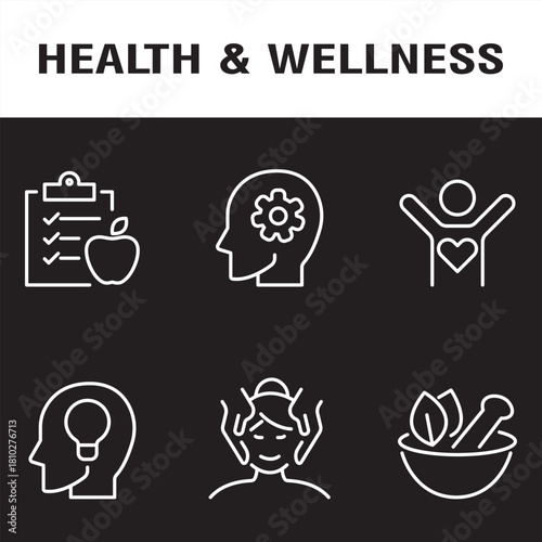 Wellness thin line icon set. Improving and restoring physical, mental and emotional health. Yoga, wellbeing, relaxation, spa, healthcare, aromatherapy .