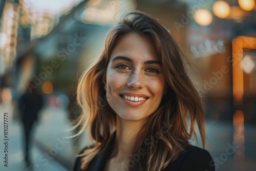 Free Download Young woman smiling confidently in urban setting - GFXLoad