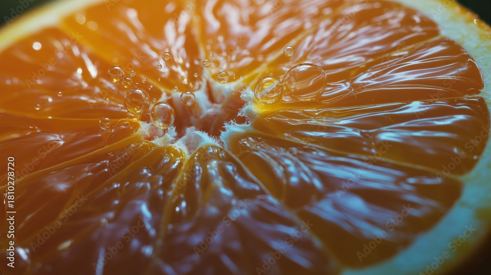 Obraz premium Extreme macro photograph capturing the juicy texture of a fresh sliced orange