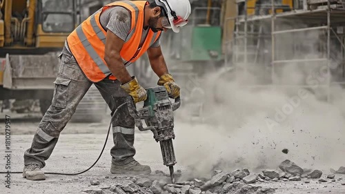 Construction Worker Using Jackhammer Creating Dust And Debris On Gray Pavement Outdoors