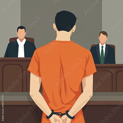 Male defendant in orange prison uniform stands trial in courtroom. Accused criminal in handcuffs faces judge, lawyer for legal judgment. Suspect at court hearing gets sentenced for crime, facing