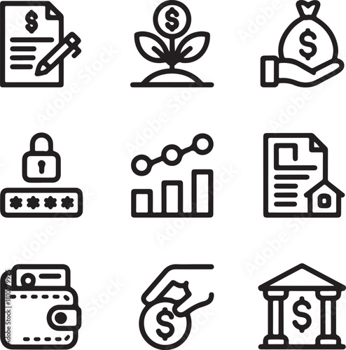 Bank and finance icon set. Business and corporation vector signs. Contain symbol of safe, global market, auction, crowd funding, start up, meeting, stock, bull and bear.

