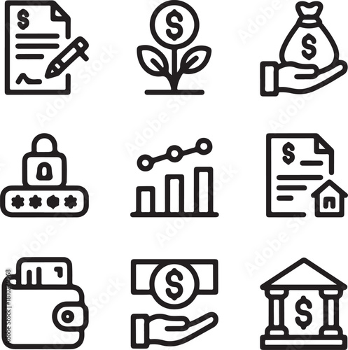 Bank icon set, vector illustration in modern thin line style. Editable finance, currency, savings, online banking, credit card, ATM, deposit, transaction, pictograms, infographics, 

