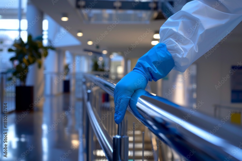 Naklejka premium Adult in protective gear touching railing in a modern building