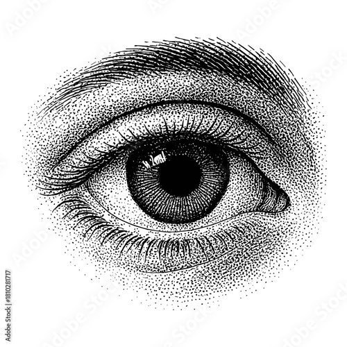 Human eye stippling illustration, vintage engraving drawing