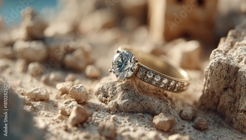 Diamond ring sits on desert rock, building blurred behind