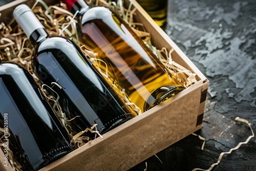 Three bottles of wine in a gift box with straw