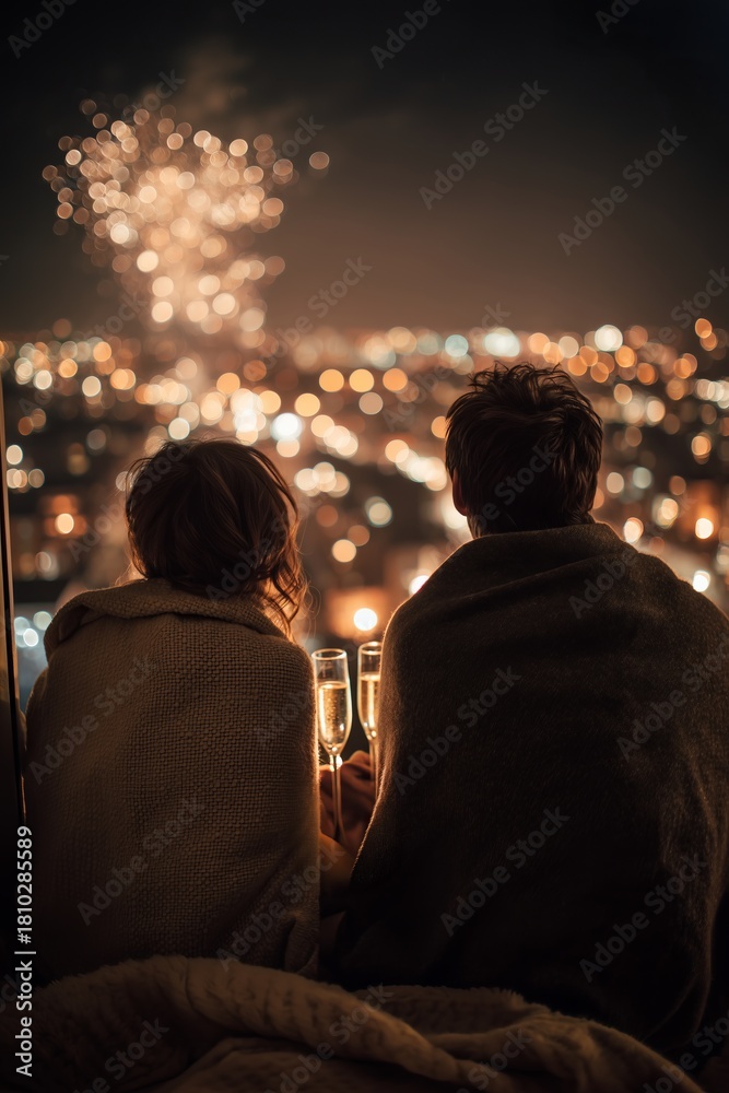 Obraz premium Couple wrapped in shared blanket on balcony hold champagne glasses watching fireworks burst over city skyline. Magical New Year's midnight toast, romantic celebration vibe.