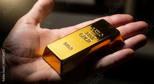 Close-up of a hand holding shiny gold bar