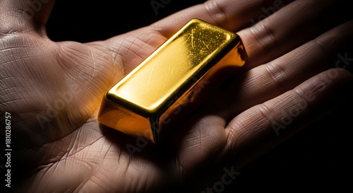 Close-up of a hand holding shiny gold bar,