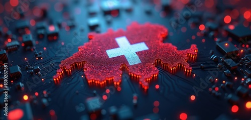 Digital Switzerland flag on circuit board shows nation tech network. Electronic infrastructure, cyber connectivity. Modern innovation, data transfer, futuristic design. Swiss progress highlighted