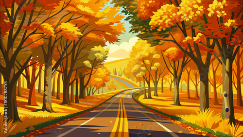 Very beautiful rural Vermont road near Groton, lined with trees glowing in vibrant yellow autumn leaves, forming a warm seasonal tunnel of color in a peaceful countryside setting.