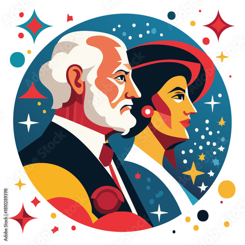 Historical Portrait Illustration — stylized vector profiles of classic figures in retro geometric art style