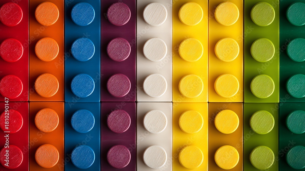 Fototapeta premium Colorful plastic toy bricks background, closeup of interlocking toy bricks
