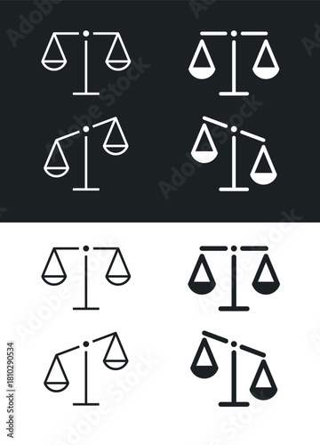 Set of scales icons. Symbol of justice, balance and weight. Attribute of a lawyer, store or Themis.