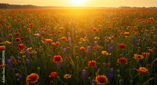 Fototapeta Naklejka Na Ścianę i Meble -  Vibrant wildflower meadow blooms under a golden sunset glow landscape
