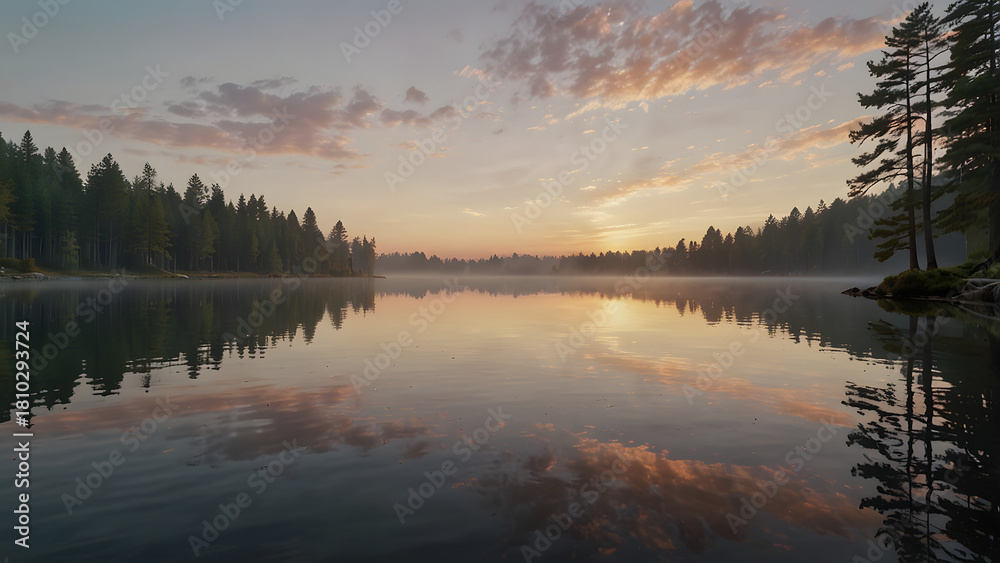 Fototapeta premium Misty Sunrise Over a Lake in Forested Area