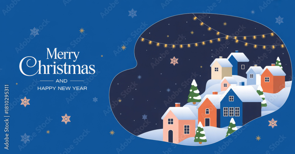 Naklejka premium Christmas village illustration winter landscape with houses and snow vector design for holiday greeting card or banner