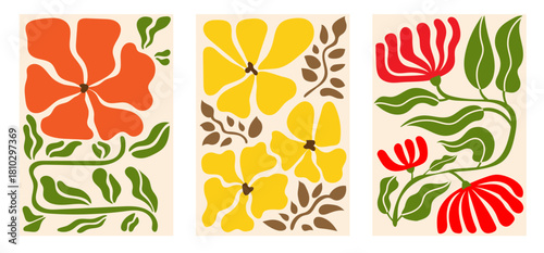 Abstract botanical groovy designs with flowers and leaves. Trendy Matisse-style vector backgrounds for modern prints, seamless wallpapers, clip art, wall art, textiles, and minimalist botanical decor