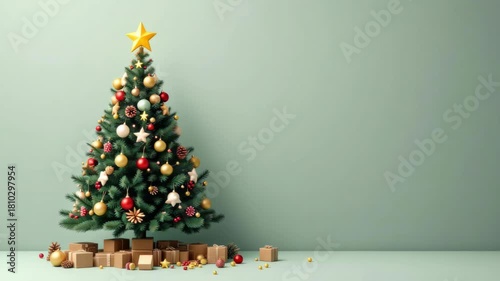 Festive christmas tree with gifts and colorful ornaments on minimal green background