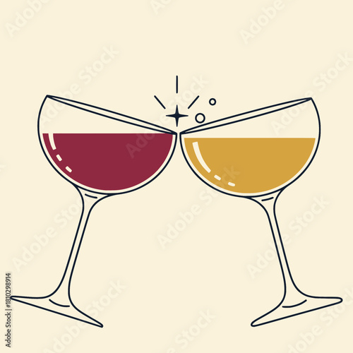 Cocktail glass sparkle vector: Red and white wine glasses clinking in celebration on beige background  