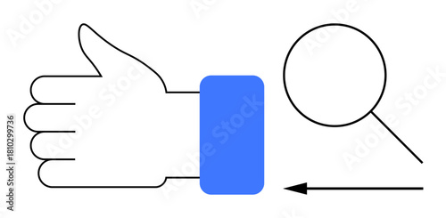 Analysis concept. Thumbs up gesture with blue wristband, magnifying glass, and directional arrow signifying evaluation. Analysis for research, decision making, quality control, branding, leadership