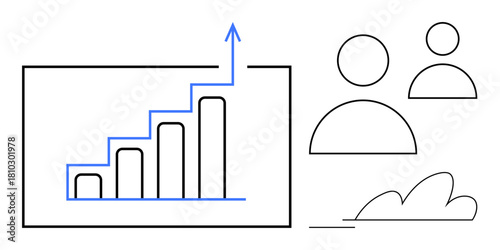 Bar chart with upward arrow suggesting growth, two user figures, abstract cloud for progress and teamwork. Ideal for data analysis, business growth, teamwork, leadership, strategy, success