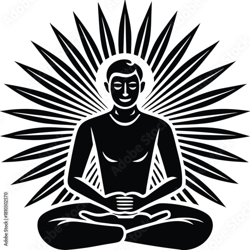 Meditating figure in lotus position with radiating lines