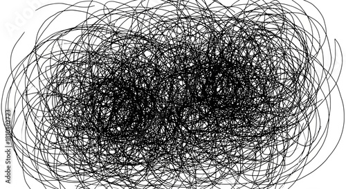 Complex chaotic black lines scribble with many intersecting strands background