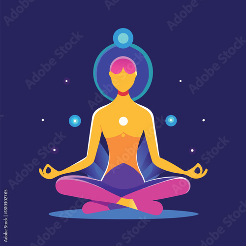 A person in a lotus position meditating with a glowing aura, promoting mindfulness and inner peace
