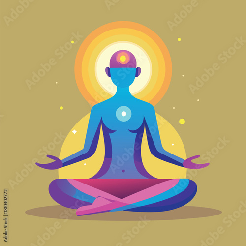 A person meditating in lotus position with a radiant aura, promoting inner peace and spiritual growth