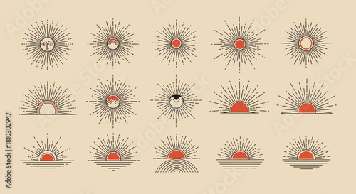 Aesthetic sunburst seamless pattern design with various sunrise and sunset icons