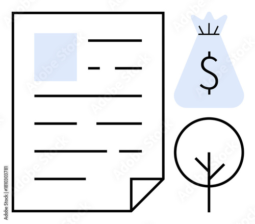 Financial document next to a money bag and tree symbolizing finances, eco-awareness, and sustainability. Ideal for banking, investments, eco-financing, environmental planning, green economy