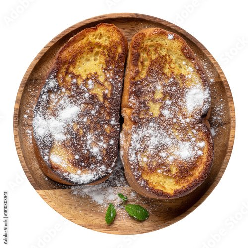 Delicious French Toast Slices Dusted With Powdered Sugar on Wooden Plate Garnished With Mint