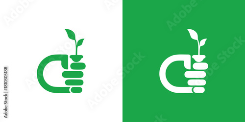 Empowering growth and sustainability with a modern, eco-friendly logo design featuring a hand holding a vibrant sprout against a fresh green backdrop for environmental initiatives
