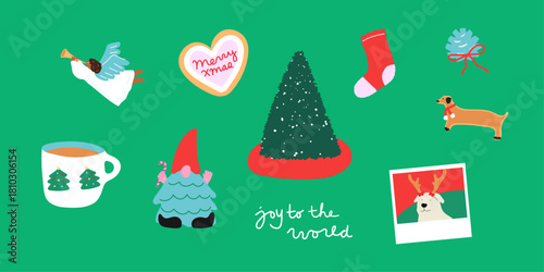 Festive Christmas icon set vector illustration. Christmas Tree, Joy to the world, Ornaments, Gnome, Cookie, sock, mug, polaroid, dog, angel
